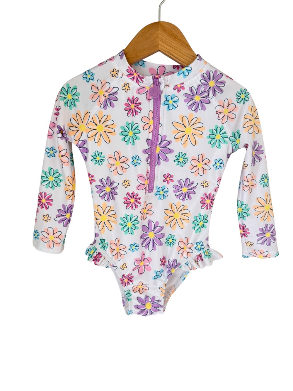 George White Floral Long-Sleeve Rash Guard Kids Swimsuit with Purple Zipper